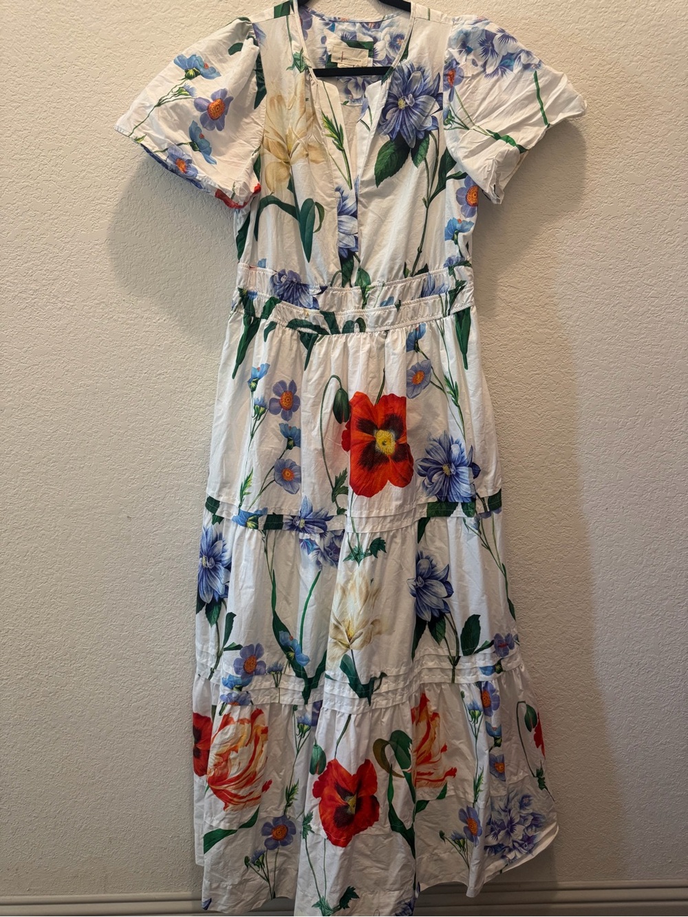 L Anthropologie White Somerset Maxi with Blue, Purple, and Red Floral Print